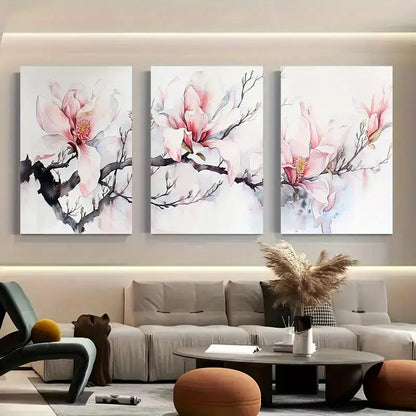 3pcs Pink & White Watercolor Magnolias Metal Print Ready to Hang Art