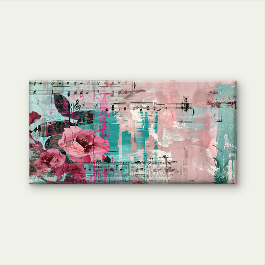 Pink Teal Sheet Music Floral Wall Art Canvas Office Home Room Framed 120x60cm