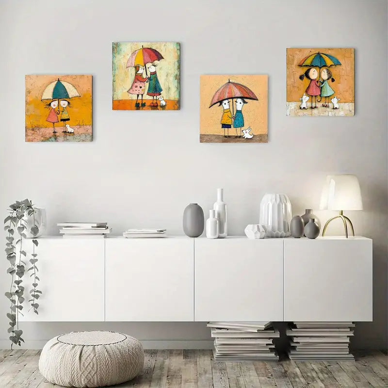 4pcs Decorative Umbrella Couples With Adorable Wall Art Canvas Framed