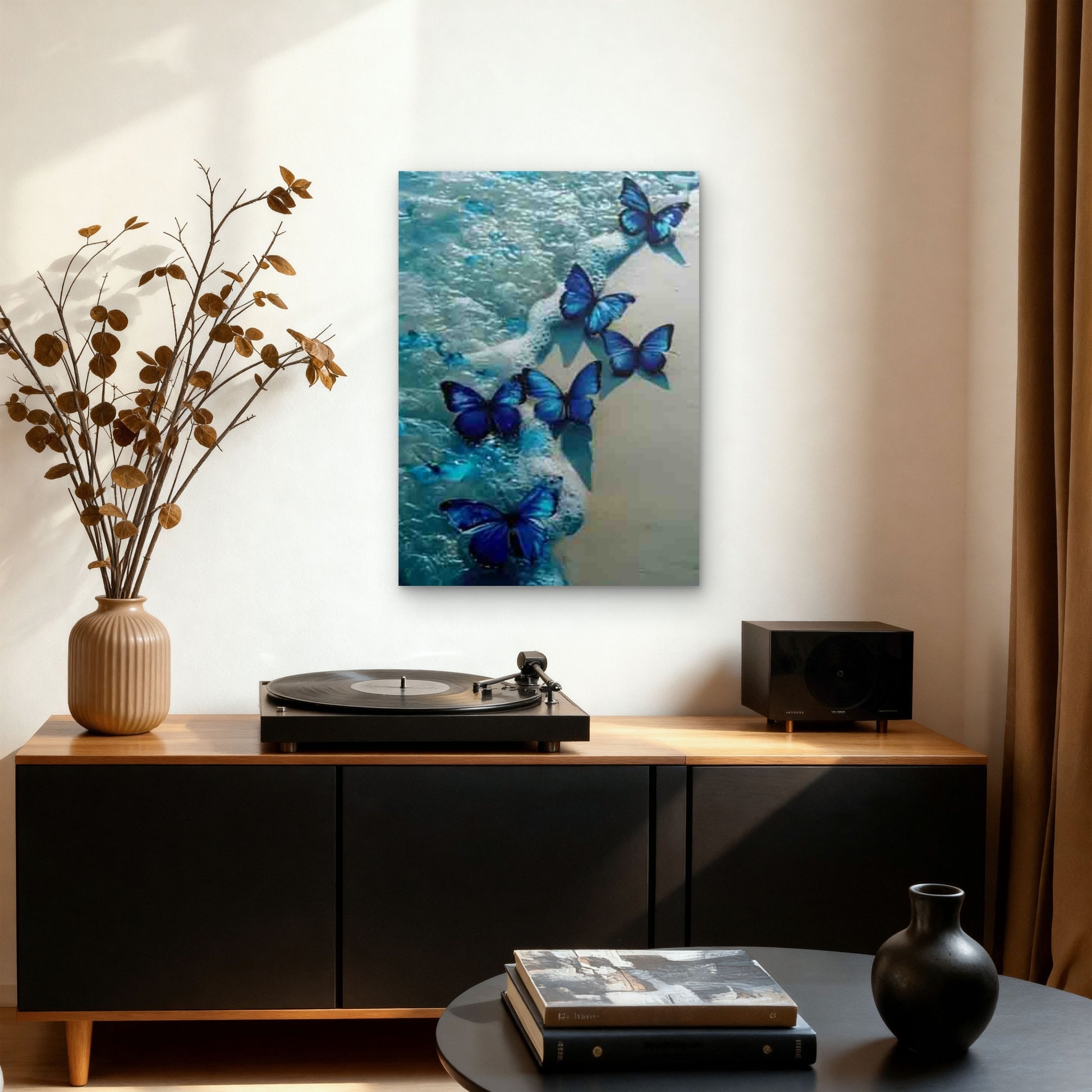 Blue Butterflies on Seashore with Waves Metal Print Ready to Hang - Bella Home Decor