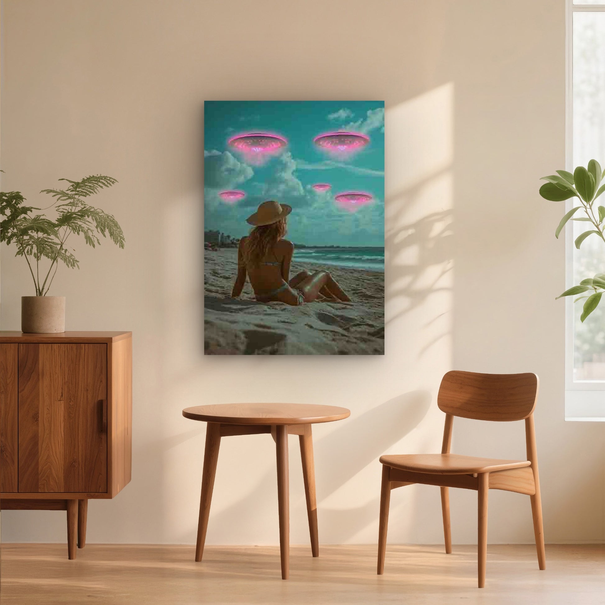 Woman on the Beach Looking at Pink UFOs 60x90cm Metal Print Ready to Hang - Bella Home Decor
