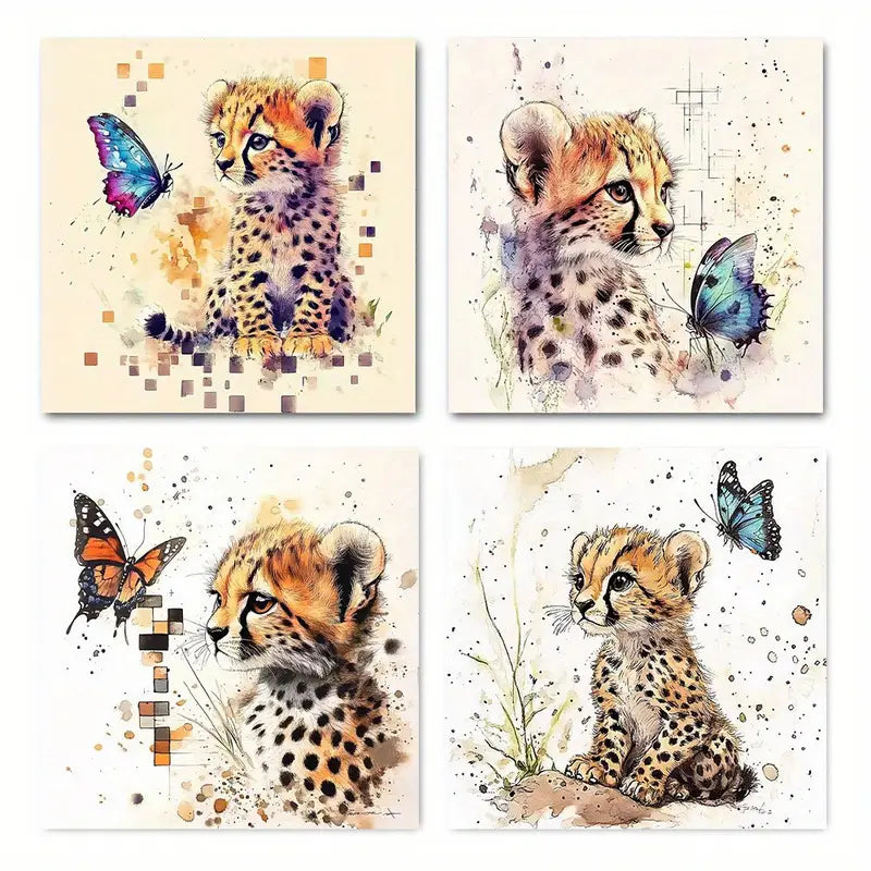 4pcs Cheetah With A Butterfly Wall Art Canvas Framed