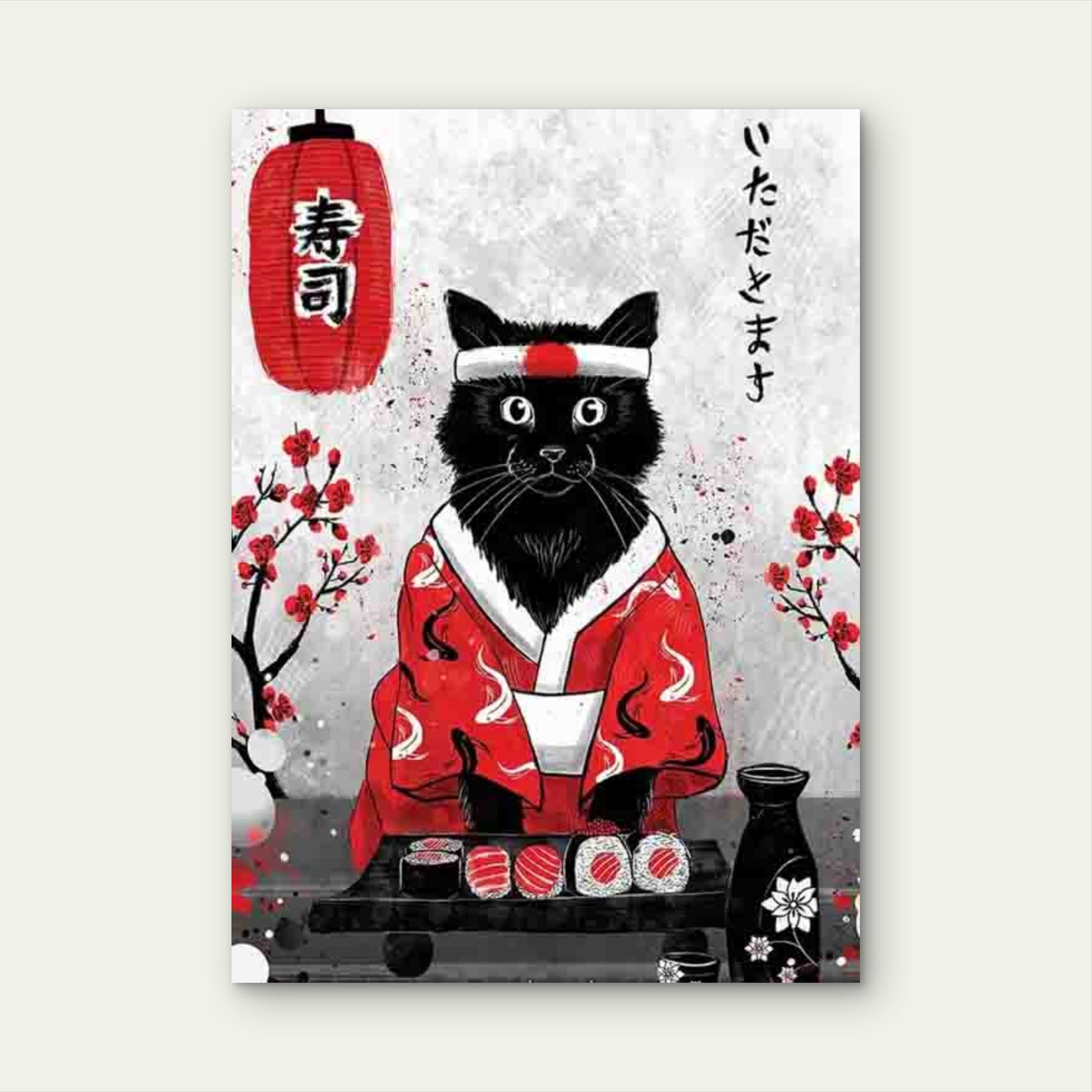 Black & White Cat, Sushi & Cherry Blossoms 60x90cm Metal Print Ready to Hang - Bella Home Decor