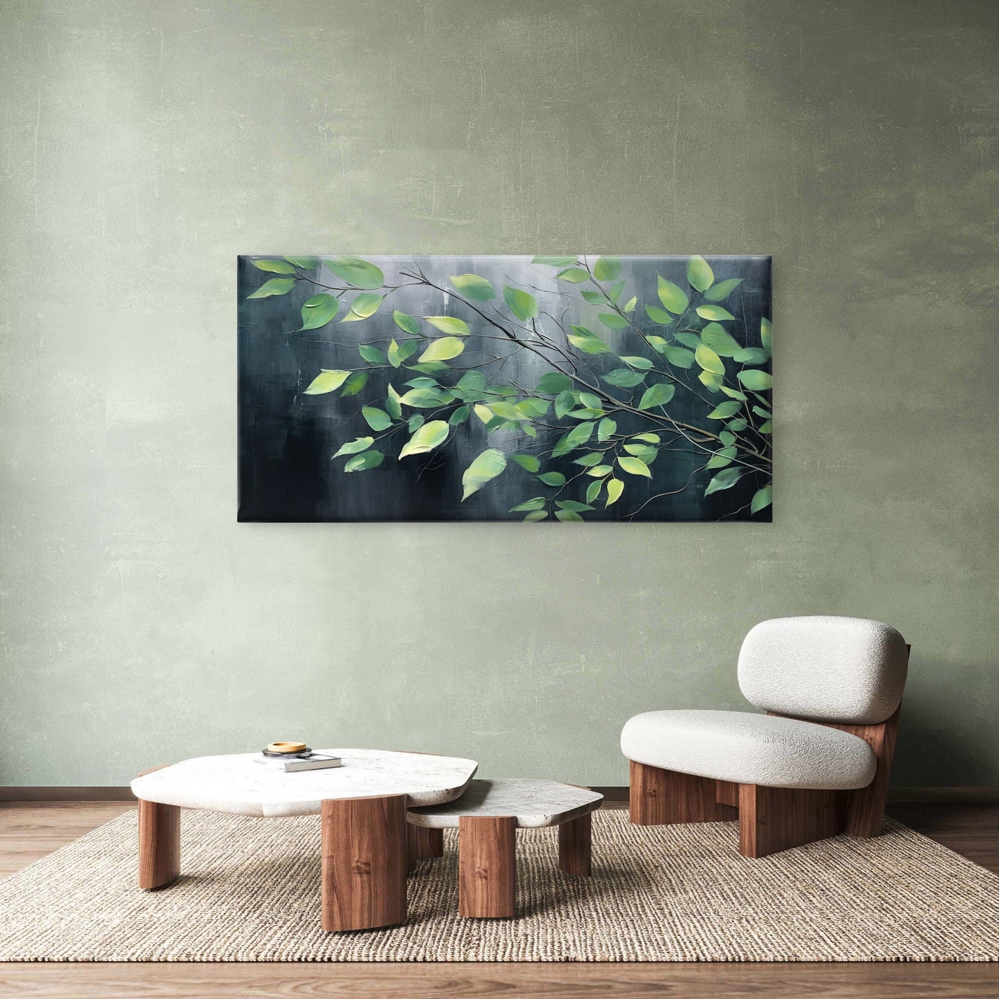 Green Leaves Charcoal Abstract Wall Art Canvas Office Home Room Framed 120x60cm