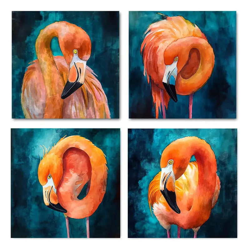 4pcs Painting Flamingo Wall Art Canvas Framed