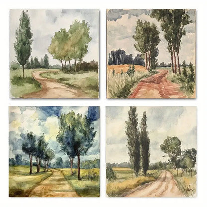 4pcs  Country Road Elegant Modern er    Wall Art Canvas Framed