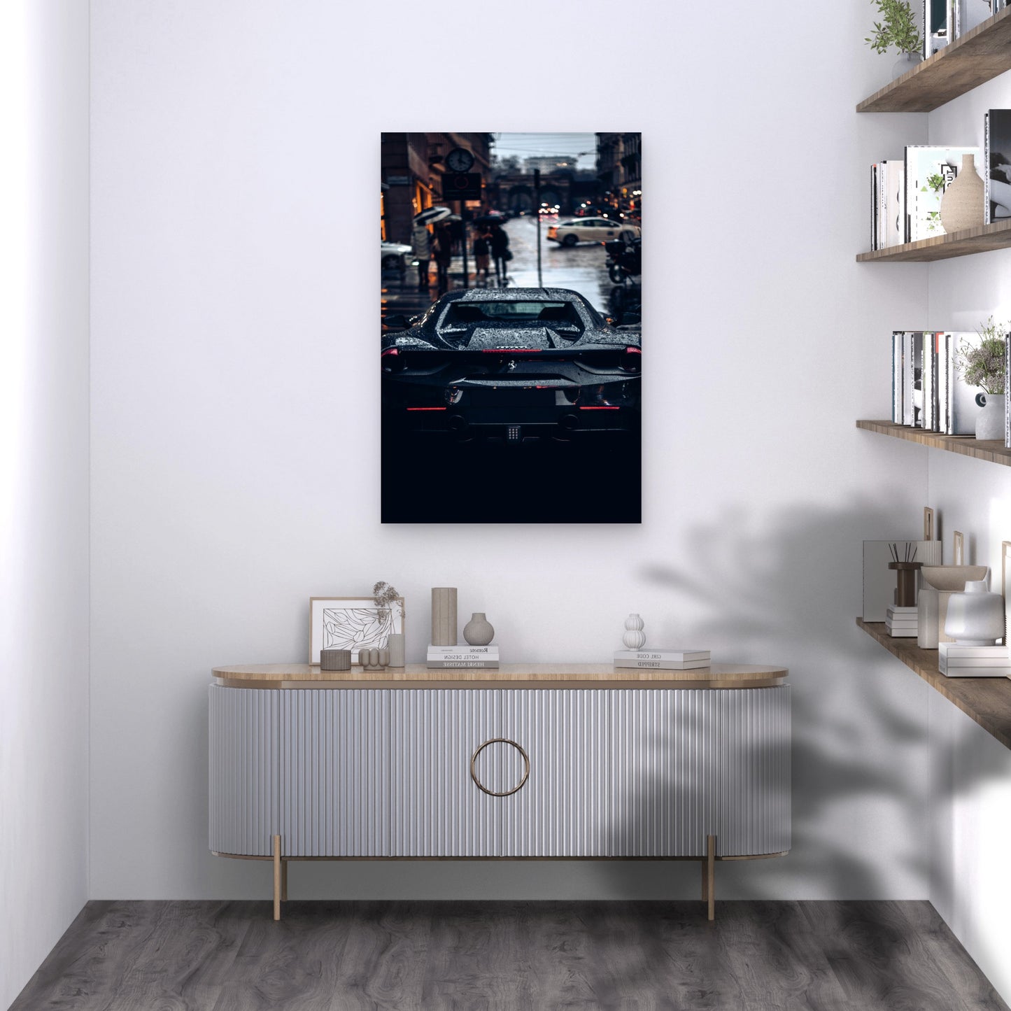 Black Ferrari 488 GTB Rainy Street 40x60cm Metal Print Ready to Hang