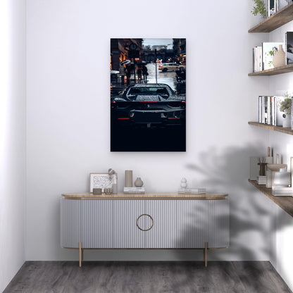 Black Ferrari 488 GTB Rainy Street 40x60cm Metal Print Ready to Hang
