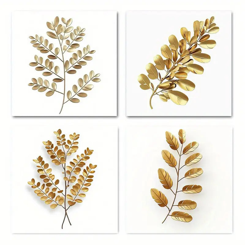 4pcs   Elegant Golden Leaves on White Backgroun   Wall Art Canvas Framed