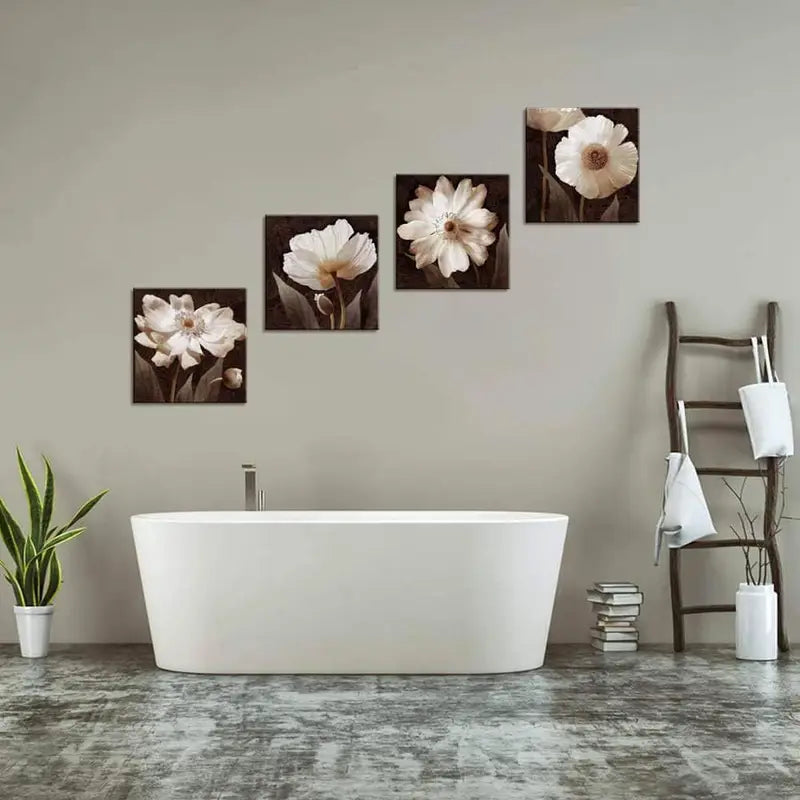4pcs White Flowers Painting With Brown Backgroun Wall Art Canvas Framed