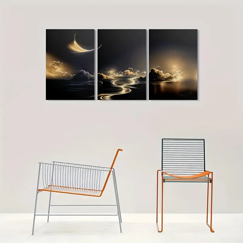 3pcs Golden Moonlit Reflections Metal Print Ready to Hang Art - Bella Home Decor