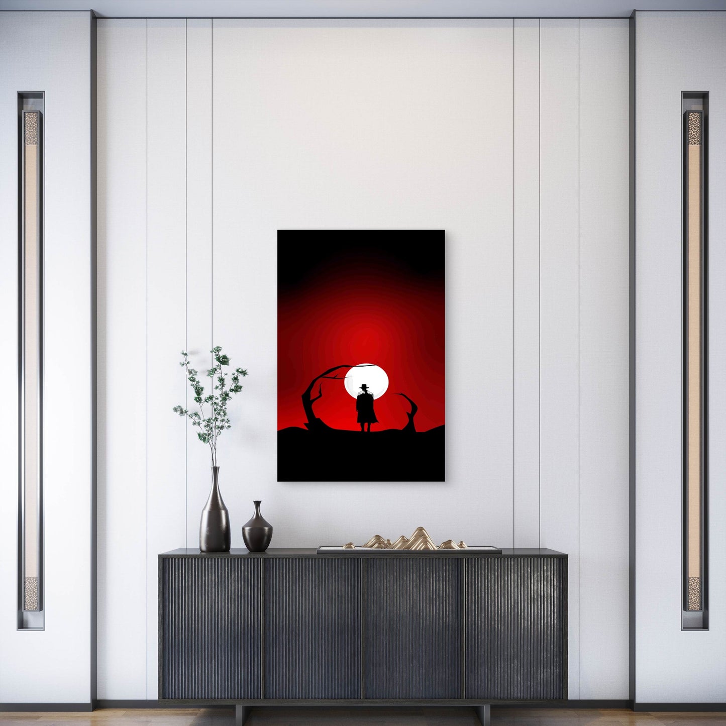 Cowboy Silhouetted Against a Dramatic Blood-Red Sky Metal Print Ready to Hang