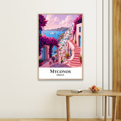 Mykonos Coastal Town With Staircase Greece  Town Travel Poster Print Wall Art