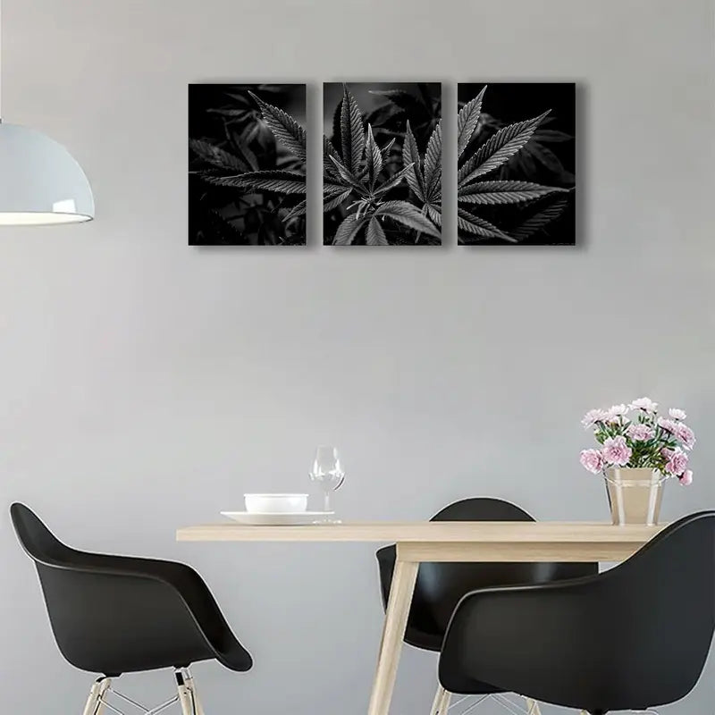 3pcs Black And White Marijuana Plant Metal Print Ready to Hang Art - Bella Home Decor