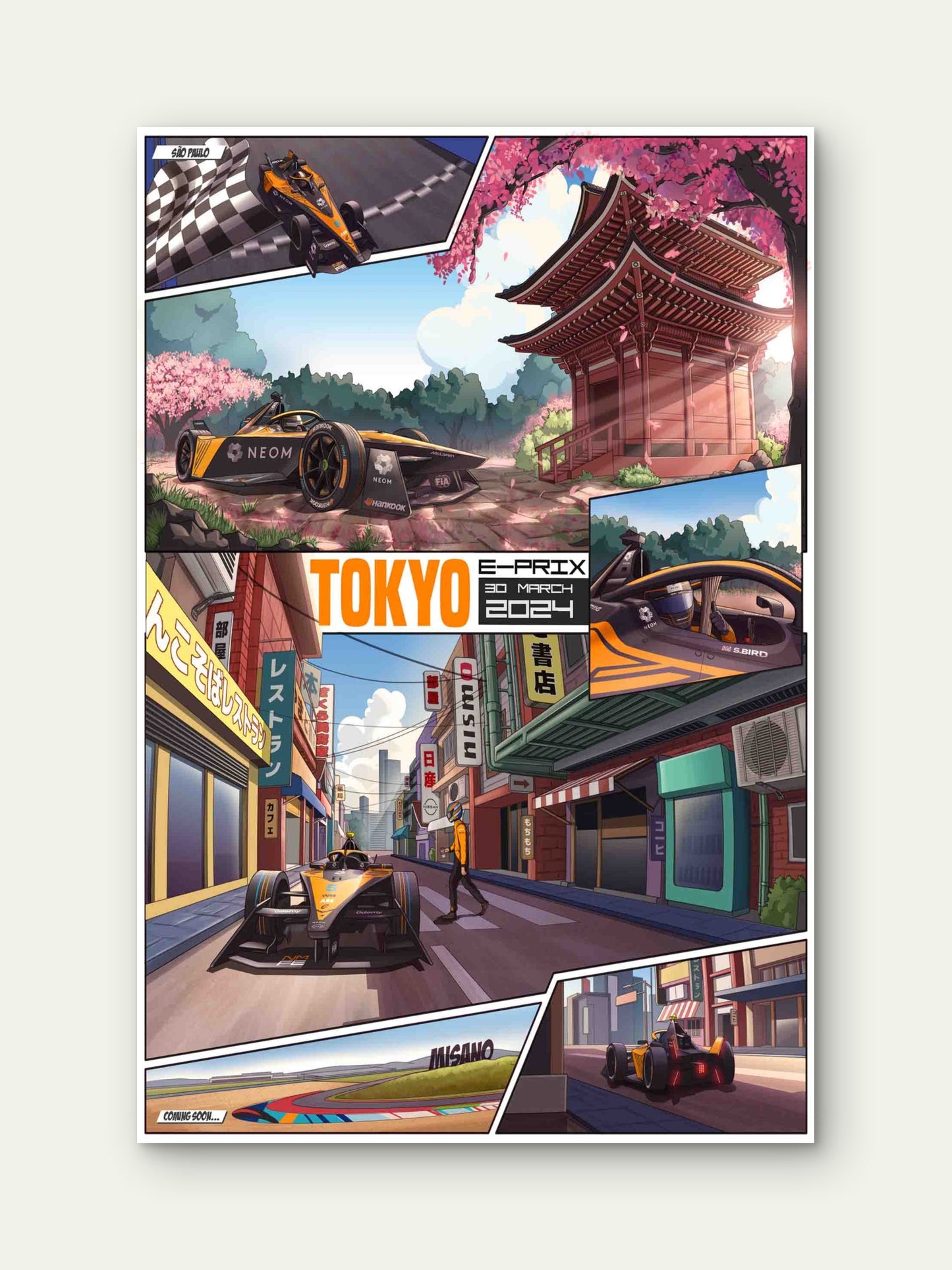 Comic Book Race Car Tokyo Grand Prix 40x60cm Metal Print Ready to Hang