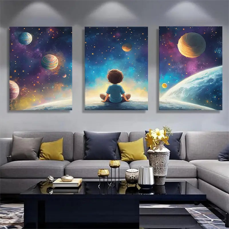 3pcs Dreamy Space Exploration Canvas Art Metal Print Ready to Hang Art - Bella Home Decor