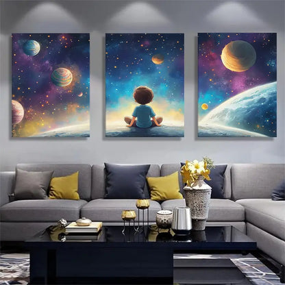 3pcs Dreamy Space Exploration Canvas Art Metal Print Ready to Hang Art - Bella Home Decor