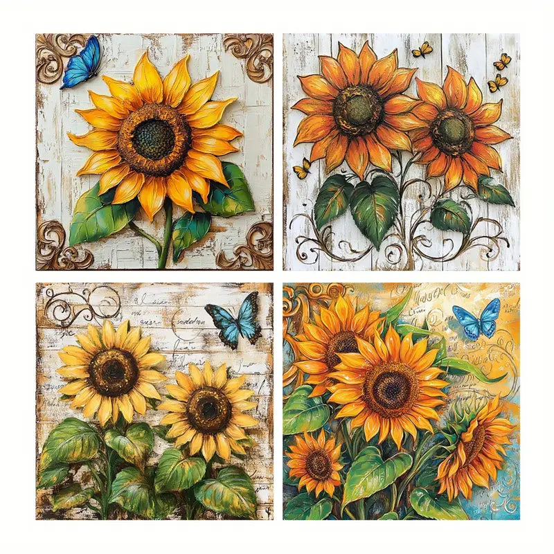 4pcs Sunflower,Butterfly Art Prints, Green Leaf Wall Art Canvas Framed