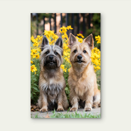 Two Cairn Terrier Dogs Yellow Flowers Painting 40x60cm Metal Print Ready to Hang