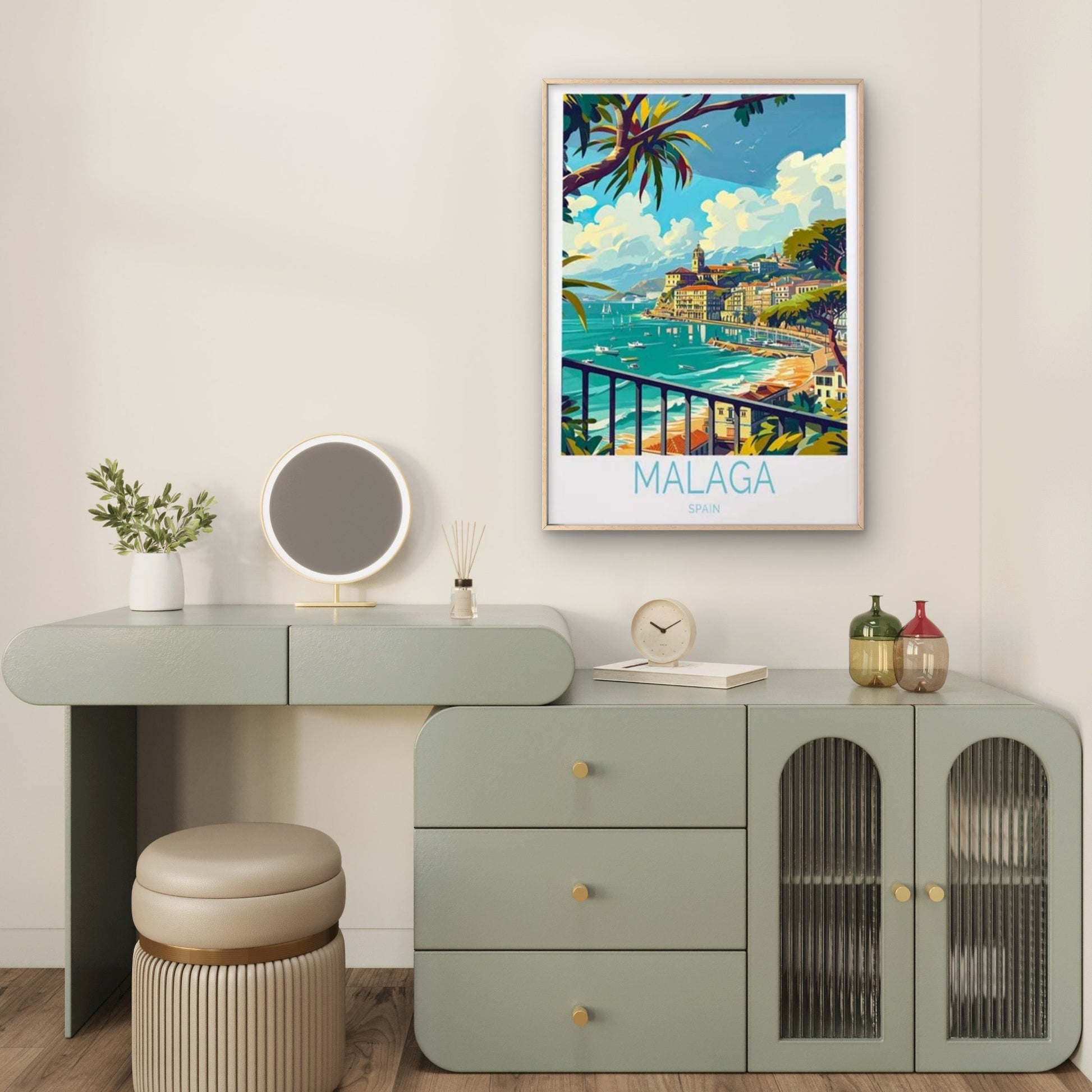 Malaga Spain Beach, Trees & Houses Art Travel Poster Print Wall Art - Bella Home Decor
