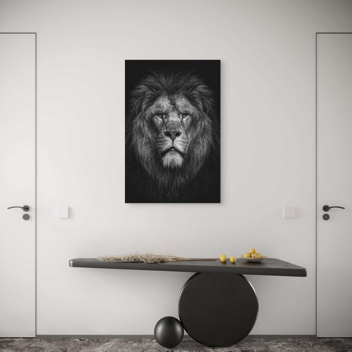 Black And White Photograph Of A Male Lion's Face 60x90cm Metal Print Ready to Hang