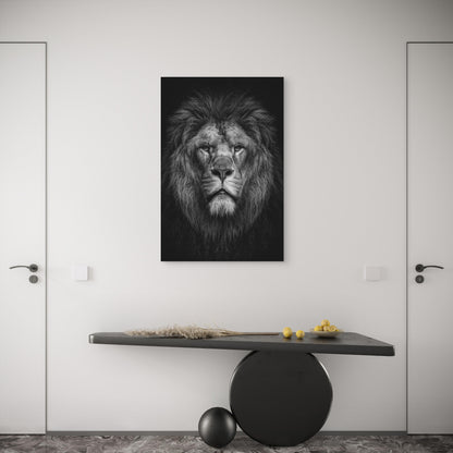 Black And White Photograph Of A Male Lion's Face 60x90cm Metal Print Ready to Hang