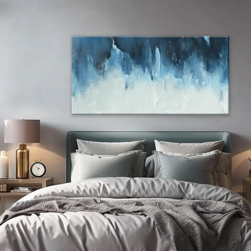 Modern Abstract White & Blue Wall Art canvas office home room framed 120x60cm - Bella Home Decor