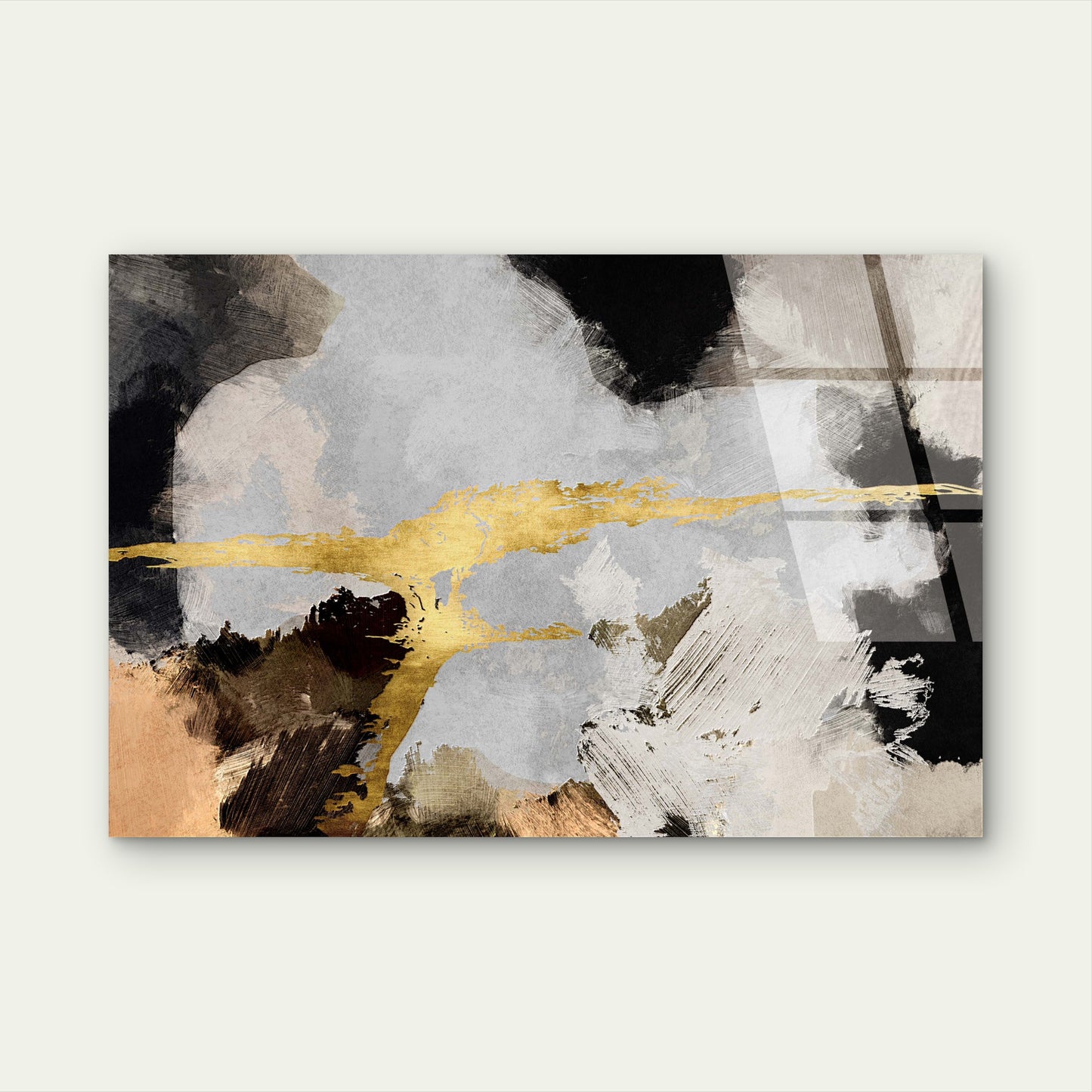 Black Grey Canvas Brushstroke Gold Foil Acrylic Glass Printing Wall Art Australian Made Quality