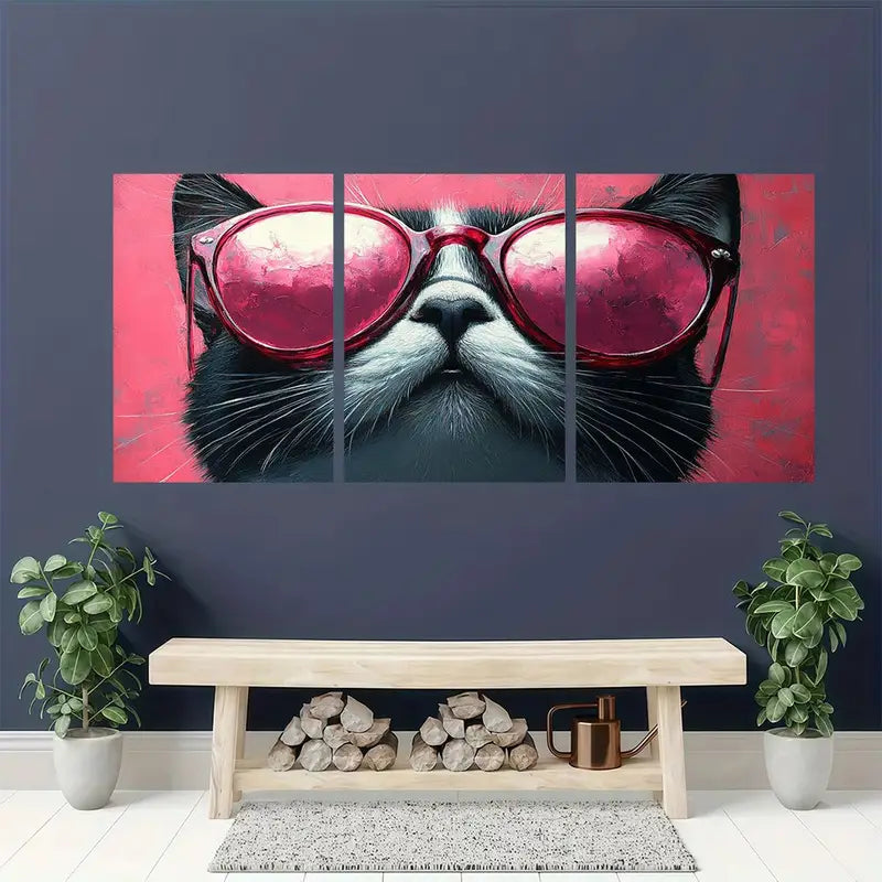 3pcs Chic Black & White Cat with Pink Glasses Metal Print Ready to Hang Art - Bella Home Decor