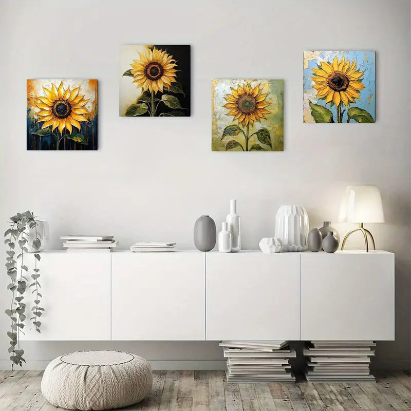 4pcs Abstract Sunflower Wall Art Canvas Framed