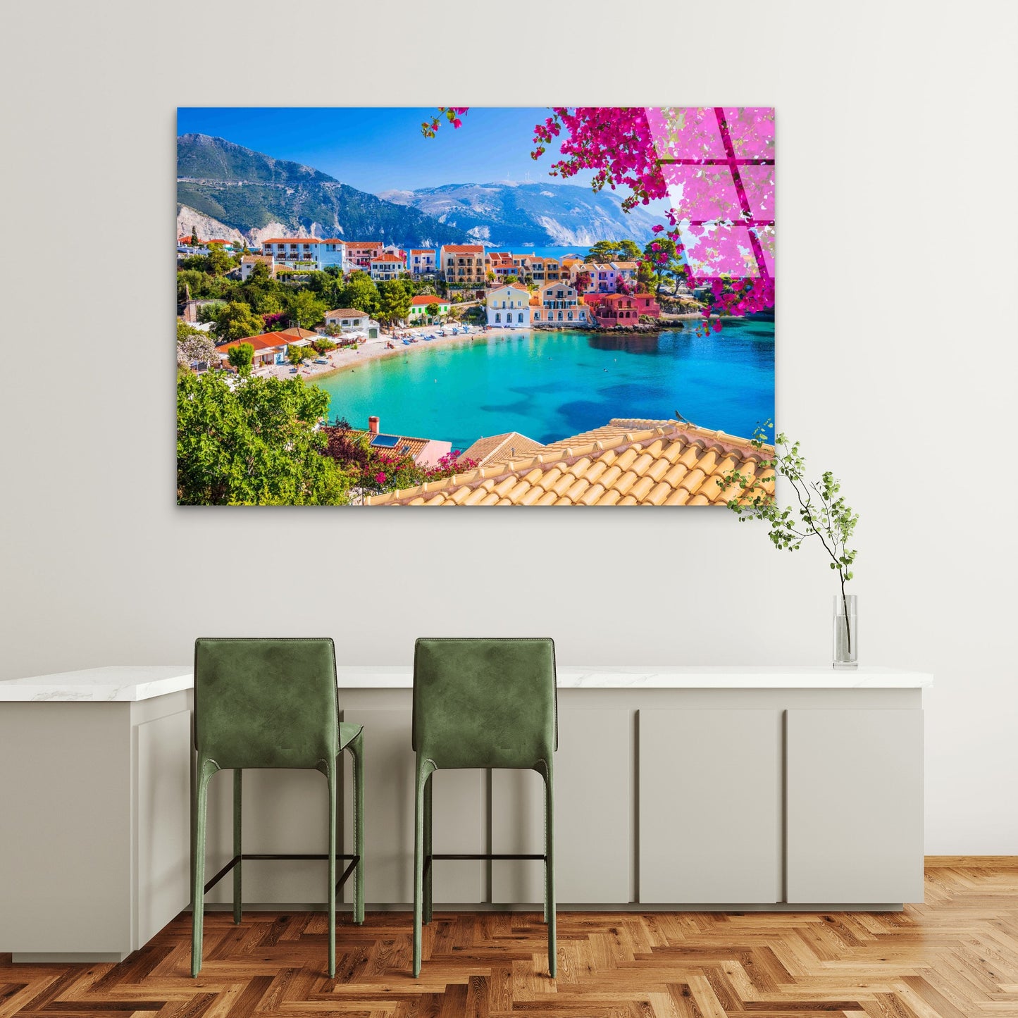 Greek Coastal Village Tempered Glass Printing Wall Art Australian Made Quality
