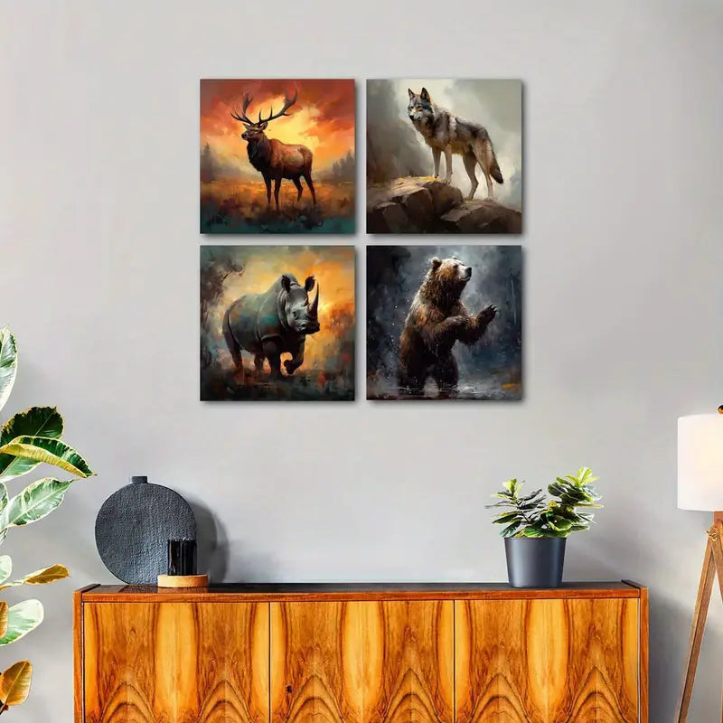 4pcs Elk Wolf Pictures Wall Art Canvas Framed