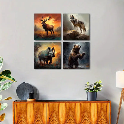 4pcs Elk Wolf Pictures Wall Art Canvas Framed