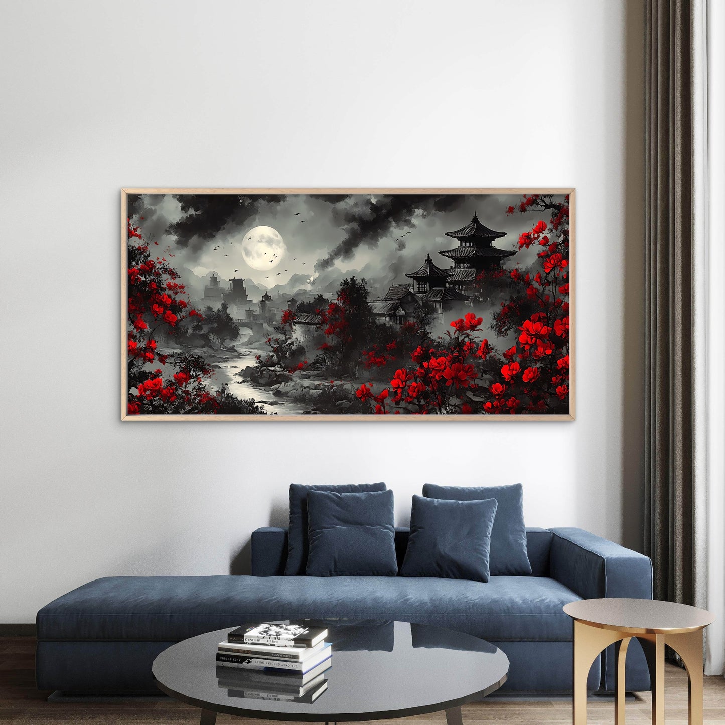 Japanese Riverside Pagoda Wall Art Canvas Office Home Room Framed 120x60cm