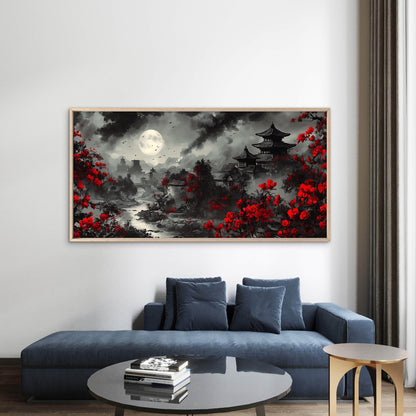 Japanese Riverside Pagoda Wall Art Canvas Office Home Room Framed 120x60cm
