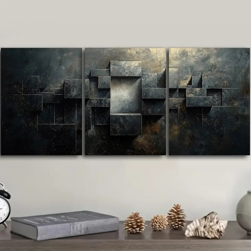 3pcs Geometric Shapes In Black, Golden, Gray Metal Print Ready to Hang Art - Bella Home Decor