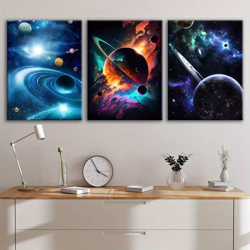 3pcs Planets, Stars, And Cosmic Elements Metal Print Ready to Hang Art