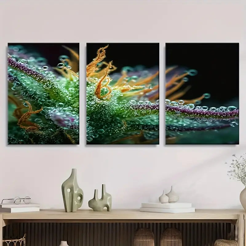 3pcs Vibrant Green & Golden Trichome Plant SpecimenMetal Print Ready to Hang Art
