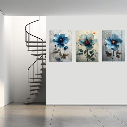 3pcs Modern Bohemian Blue And Gray Flowers  Wall Art Set Canvas Framed 40x60cm - High Quality Print 100% Australian Made Wall Canvas Ready to Hang