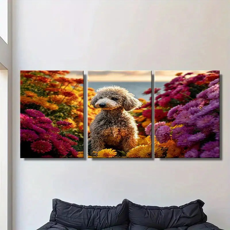 3pcs Charming Poodle Dog In Vibrant Floral Design Metal Print Ready to Hang Art - Bella Home Decor