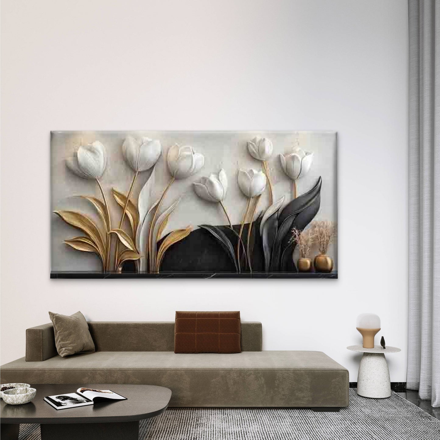 Abstract Tulip White & Golden Wall Art Canvas Office Home Room Framed 120x60cm