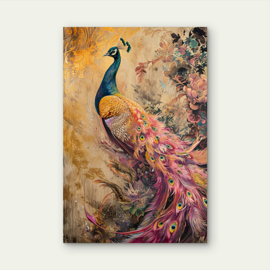 Golden Peacock Vintage Abstract Art 40x60cm Metal Print Ready to Hang