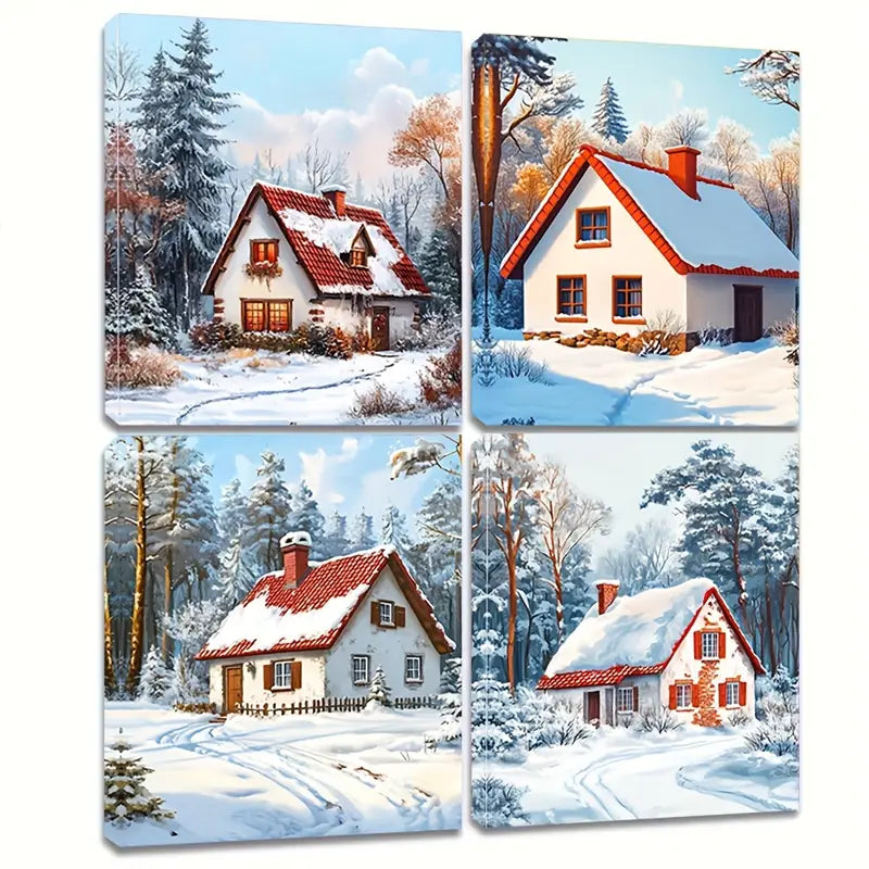 4pcs A Beautiful Little House In The Snow Wall Art Canvas Framed - Bella Home Decor
