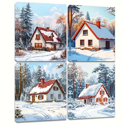 4pcs A Beautiful Little House In The Snow Wall Art Canvas Framed - Bella Home Decor