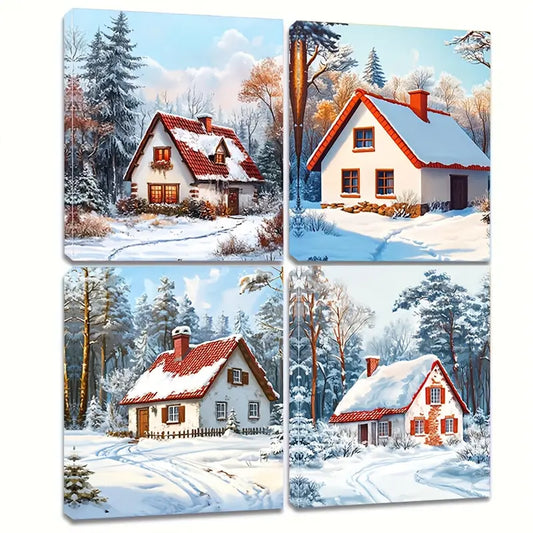 4pcs A Beautiful Little House In The Snow Wall Art Canvas Framed