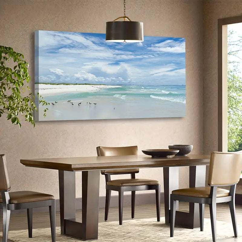 Aqua Ocean Seascape Beach Coastal Seagulls Wall Art canvas office home room framed 120x60cm - Bella Home Decor