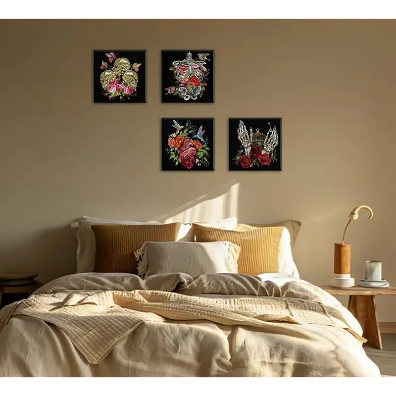 4pcs  Gothic Floral Skeleton Wall Art Canvas Framed - Bella Home Decor