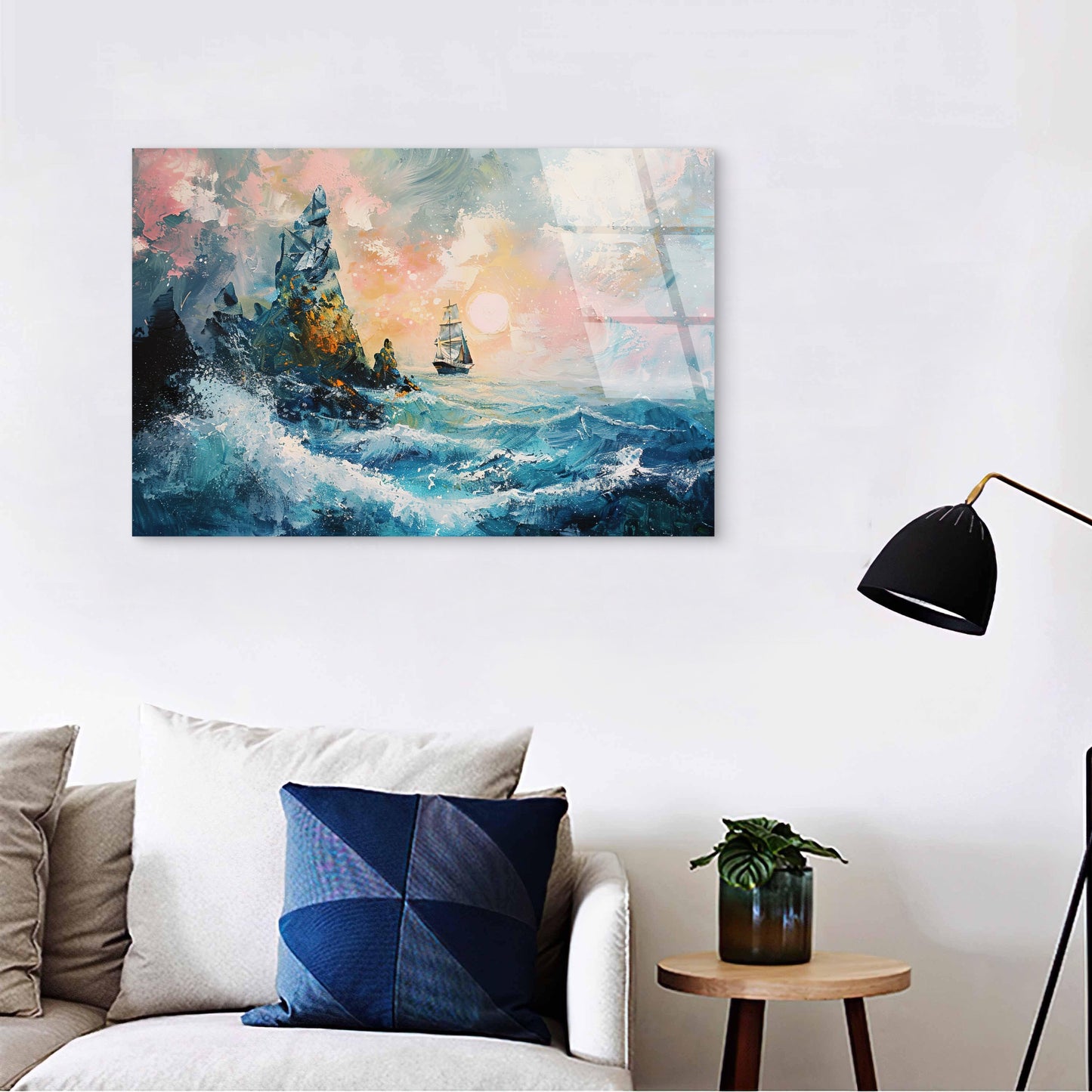 Stormy Ocean Waves Tall Rock Formations Sailing Ship Sunset Oil Painting Texture Acrylic Glass Printing Wall Art Australian Made Quality