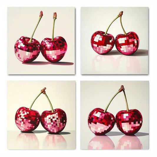 4pcs Vibrant Red Cherry Disco Design Wall Art Canvas Framed
