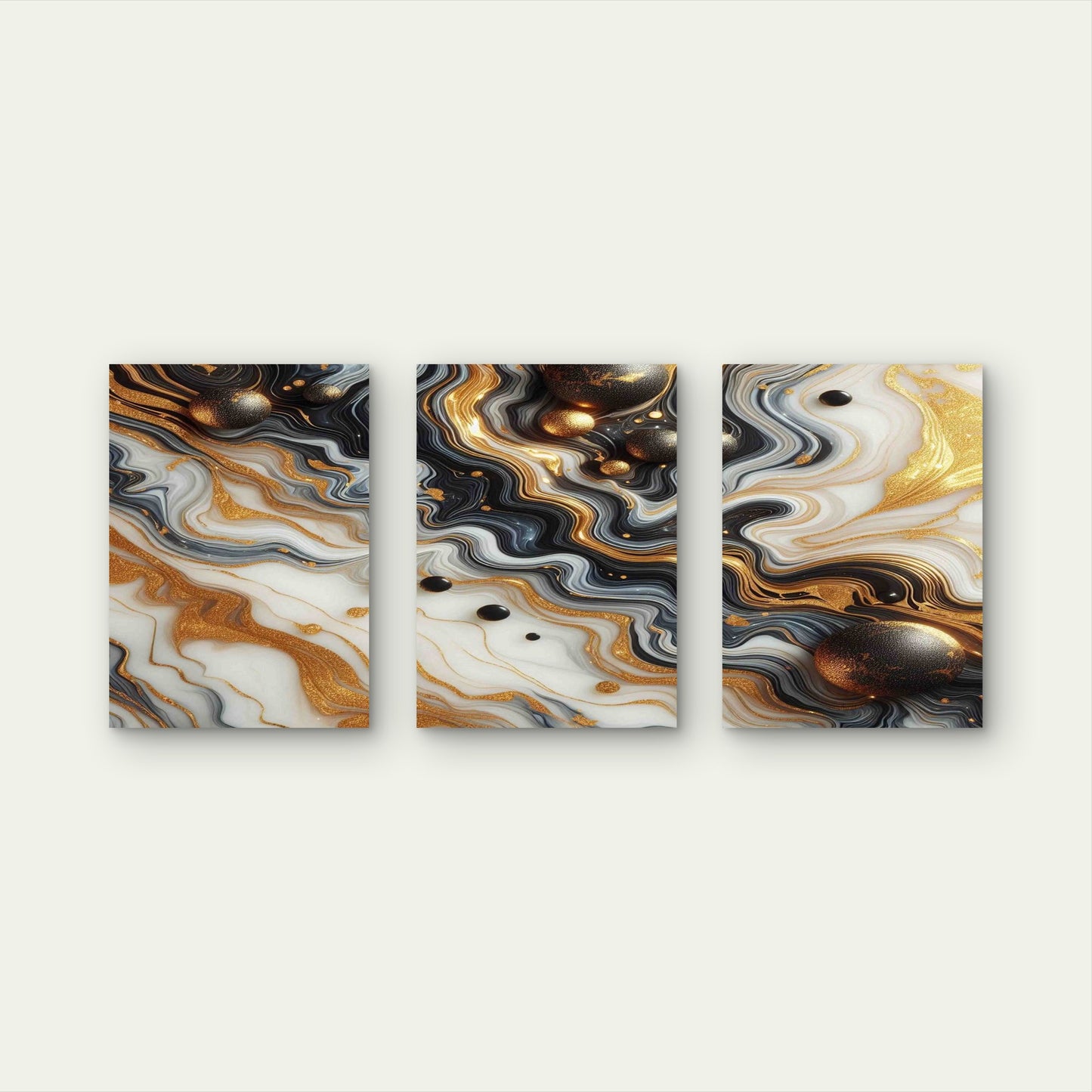 3pcs Gold Black Marble With Gold Black Dots Metal Print Ready to Hang Art - Bella Home Decor